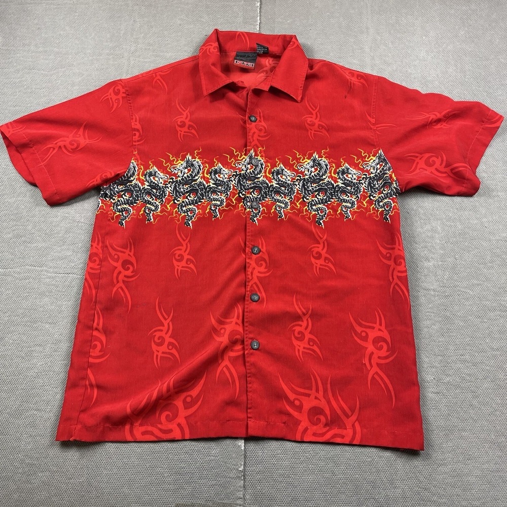 Vintage C-TWO Shirt Mens Large Red Dragon Tribal All Over Print Short Sleeve Y2K